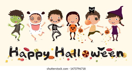 Happy Halloween, truck or treat,  Set of cute cartoon children in colorful Halloween costumes: Ghost, pumpkin, pirate, devil, witches, cat, mummy, skeleton, candy, monster. Cartoon icon set for Hallow