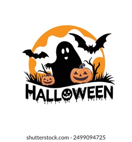 Happy Halloween t-shirt design Ghost and smiley Pumpkin With Flying Bats vector illustration isolated white background