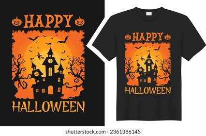 Happy Halloween T-shirt design. graphic  typography holiday tee shirt. creative vector t shirt. Isolated on black background. Perfect for print items and bags, poster, card, sticker, mug, template