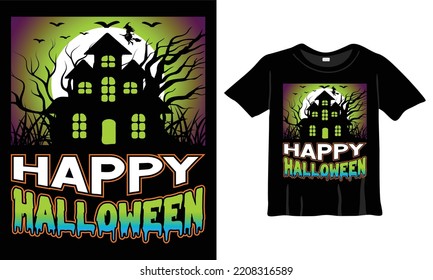 Happy Halloween T-Shirt Design Template. Halloween T-Shirt with Night, Moon, Witch. Night background T-Shirt for print.