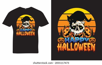 Happy Halloween - T-shirt Design, Vector,  Cat, Pumpkin, Skull, Sunrise Background