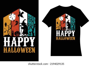 Happy Halloween t-shirt design vector. Vector cartoon style illustration of pumpkin, witch cat, and bats, isolated on white background. Print for t-shirt or poster design. Happy Halloween text.