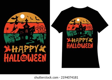 Happy Halloween t-shirt design vector. Vector cartoon style illustration of pumpkin, witch cat, and bats, isolated on white background. Print for t-shirt or poster design. Happy Halloween text.