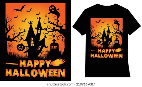 Happy Halloween t-shirt design vector. Vector cartoon style illustration of pumpkin, witch cat, and bats, isolated on white background. Print for t-shirt or poster design. Happy Halloween text.