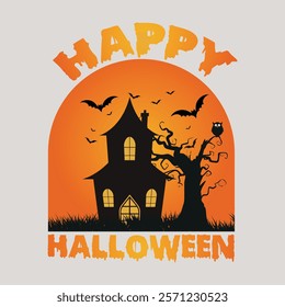 Happy Halloween t-shirt template design black house tree , Halloween dark and bat background ghost print t-shirt