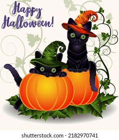 Happy Halloween two black cats and pumpkins, vector illustration	
