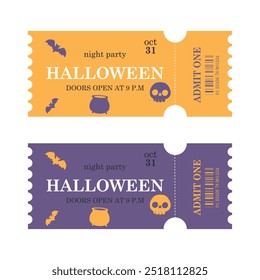 Happy Halloween two invitation tickets set with skull, bats. Vector ticket design template for Halloween night party invitation