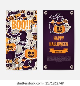 Happy Halloween two sides poster, flyer or menu design with 
pumpkins, ghosts, candy, witch broom, bats, cobwebs, skulls, bones, headstones, witch hats. Flat icon. Vector Illustration