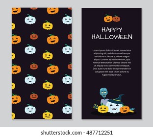 Happy Halloween. Halloween two sides poster, brochure or menu design. Vector illustration. Scary party invitation with pumpkins, zombie, patterns, candies. Place for your text. Halloween design