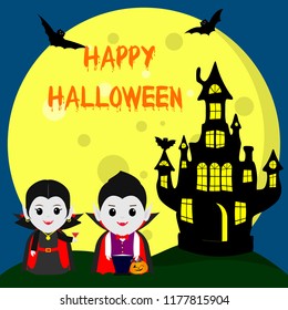 Happy Halloween. Two Vampire Dracula in the style of the cartoon stand next to the castle in the background of the moon at night. Cocktail, pumpkin with sweets. Vector, flat