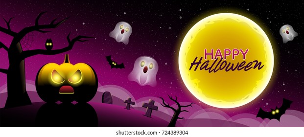 Happy Halloween type, scary night backgrounds with pumpkin, vector illustration.