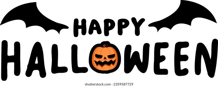 Happy Halloween Typo with Jack O' Lantern Head Isolated : A festive Halloween-themed typography design featuring the words 'Happy Halloween' alongside a grinning Jack O' Lantern orange pumpkin head.
