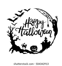 Happy Halloween  typographic design with hand drawing frame (wreath). Calligraphy.