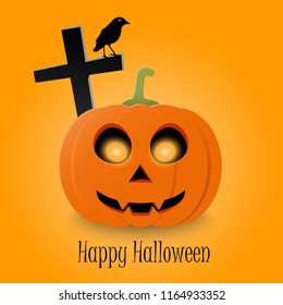 Happy Halloween typographic text and orange realistic pumpkin on vector background. Halloween party flyer design
