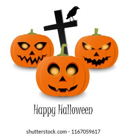 Happy Halloween typographic text and orange realistic three pumpkin on white background. Halloween party flyer design