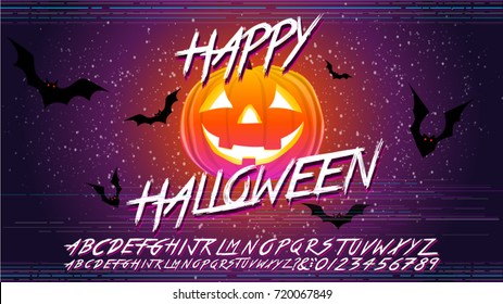 Happy Halloween Typographical Background With Pumpkin. Scary Background. Vintage 80's Retro Style Poster,  Banner, Label And Post Card With Scary Alphabet Font. Easy Editable For Your Design. 