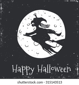 Happy Halloween Typographical Background With Witch and Moon.