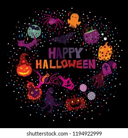 Happy Halloween typography amidst abstract haunted design elements in vector style
