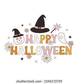 Happy Halloween Typography Banner, Sublimation For Card, Poster, Flyer, T-shirt Design.Hippie Halloween Cute Clipart, Witch, Hat, Ghost, Daisy In Hand Drawn Retro Groovy 70s Style