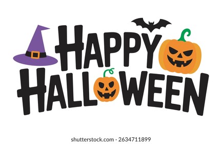 Happy Halloween Typography with Bats and Pumpkin

