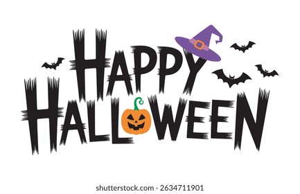Happy Halloween Typography with Bats and Pumpkin

