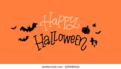 Happy Halloween typography design with bats and pumpkins illustration isolated on orange background 