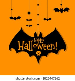 Happy Halloween typography design with hanging bats on orange background for banner, poster, greeting card etc.