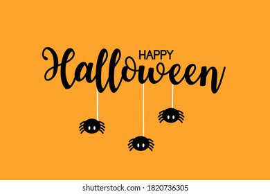 Happy Halloween typography design with spider and web vector elements isolated on orange background 