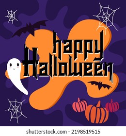 happy halloween typography. ghost, bat and pumpkins on abstract halloween background