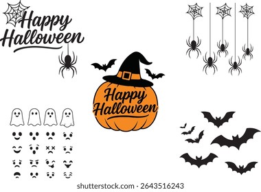 Happy Halloween typography and Halloween icon set vector .