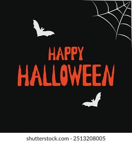 Happy Halloween Typography Lettering Design Orange Text Black Background Spider Web with Flying Bats