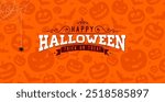 Happy Halloween Typography Lettering Illustration with Cute Pumpkin and Flying Bats Seamless Pattern on Orange Background. Vector Autumn Holiday Design Template for Greeting Card, Flyer, Banner