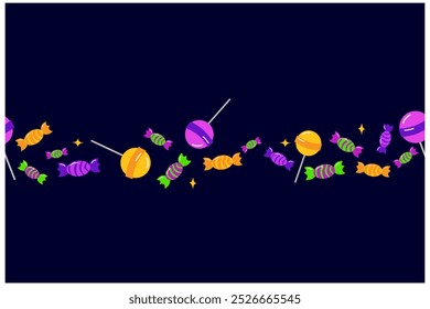 Happy Halloween typography made of small candies on dark background. Holiday trick or treat concept greeting card, poster with horizontal border. Vector illustration.
