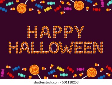Happy Halloween typography made of small candies on dark background. Holiday trick or treat concept greeting card, poster with horizontal border. Vector illustration.