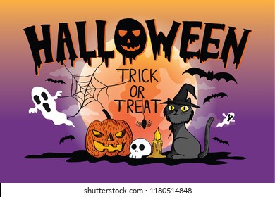 Happy Halloween typography night moon light in the purple dark sky with cat wearing witch hat and skull candle and smiling pumpkin jack o lantern above of it a spider web bat flying and spooky.
