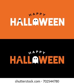 Happy Halloween Typography Over Orange and Black with Spider and Ghost. Vector Illustration.