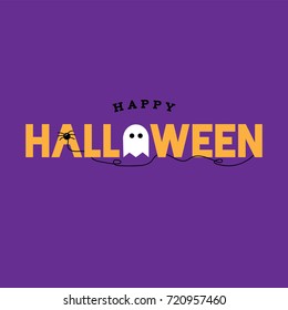 Happy Halloween Typography Over Purple with Spider and Ghost. Vector Illustration.