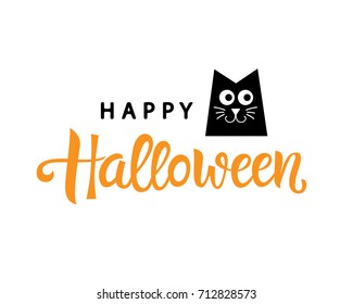 Happy Halloween typography poster with handwritten calligraphy text and black cat, isolated on white background. Vector Illustration