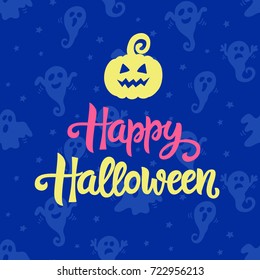 Happy Halloween typography poster with handwritten calligraphy text and cute scary pumpkin. Vector Illustration