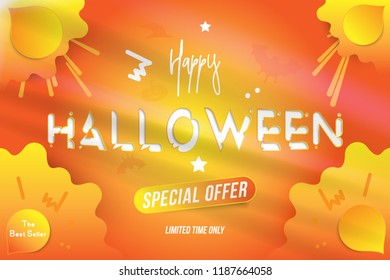 Happy Halloween typography poster with special offer. Celebration card for autumn event. Creative template with decoration elements on the background. Flat vector illustration EPS10.