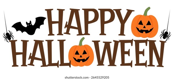 Happy Halloween typography with pumpkins, ghosts and bat for children’s party invitations and seasonal printables

