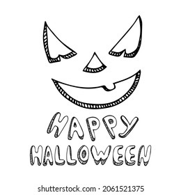 Happy Halloween typography quote decorated with horror face in doodles on white background. Good for posters, greeting cards, prints, invitations, banners, signs, etc. EPS 10
