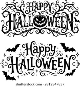 Happy halloween typography set with spooky pumpkin lantern and bats vector silhouette