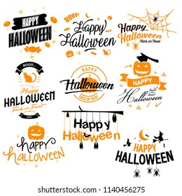 Happy Halloween. Typography set. Vector logo, emblems, text design. Usable for banners, greeting cards, gifts etc.