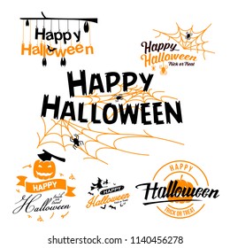 Happy Halloween. Typography set. Vector logo, emblems, text design. Usable for banners, greeting cards, gifts etc.