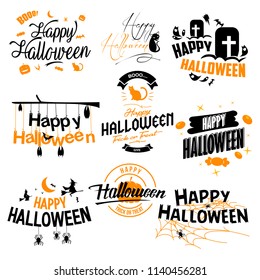 Happy Halloween. Typography set. Vector logo, emblems, text design. Usable for banners, greeting cards, gifts etc.