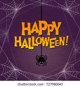 Happy Halloween Typography With Spider Web Border And Dangling Spider. For Poster, Web Banners, Cards, Invitations.