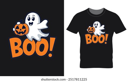 Happy halloween typography t-shirt design with a cartoon gost