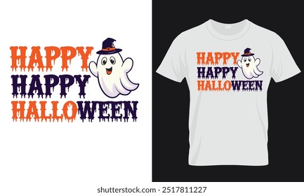 Happy halloween typography t-shirt design with a cartoon gost