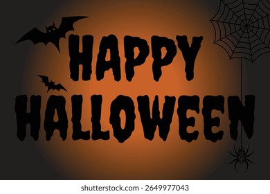 Vetor de tipografia feliz halloween com teia de aranha morcegos e aranha no fundo laranja
